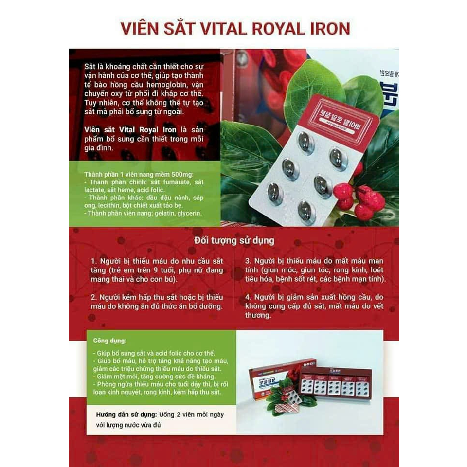 Viên Sắt Bổ Máu Vital Royal Iron KGF Hàn Quốc Hộp 120 Viên, 500mg/ 1 viên