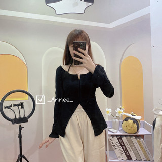 Áo thun dài tay nữ kiểu dáng cách điệu cổ yếm phong cách thu đông, co giãn 4 chiều cho nữ (ảnh thật)