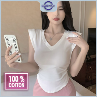  Áo baby tee croptop tay hến cổ v vạt bầu Ozenka  áo crt thun cotton ôm body nhún eo gợi cảm tôn dáng màu trơn đen trắng 