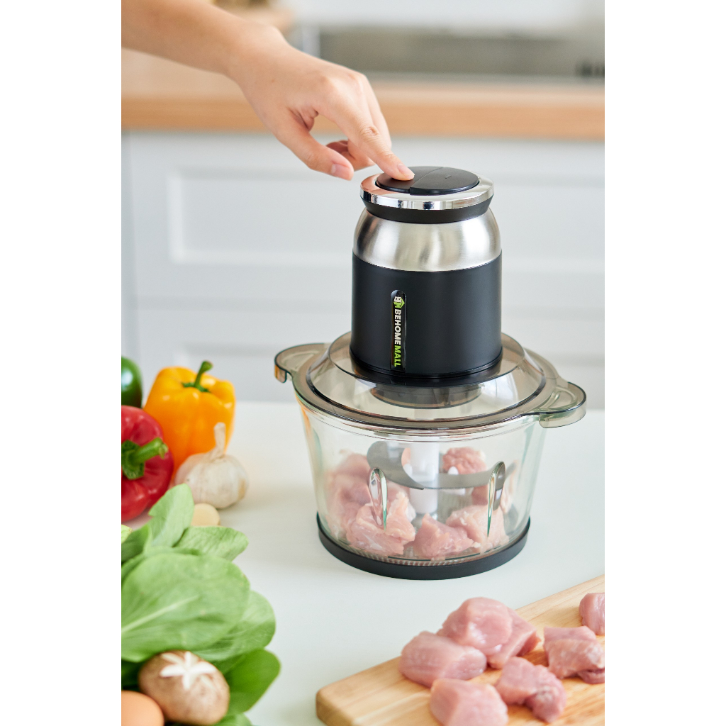 Máy xay thịt Behomemall cối thủy tinh chịu lực công suất 500W lưỡi dao inox sắc bén xay mạnh mẽ và an toàn