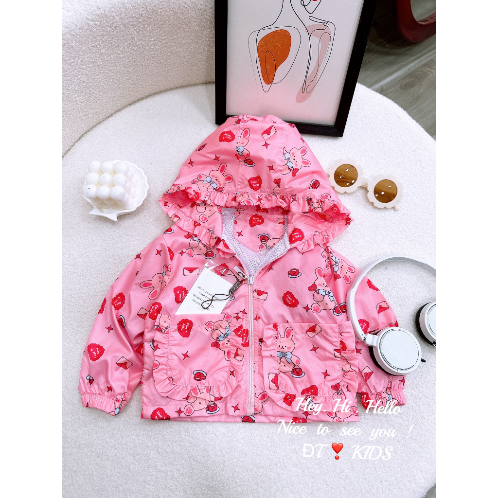 Áo khoác gió 2 lớp thu - đông in họa tiết hoạt hình xinh xắn cho bé gái 8-28kg