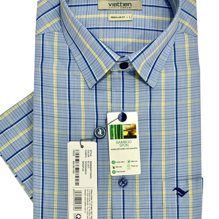 Viettien - Áo sơ mi nam ngắn tay xẻ tà vạt ngang Bamboo spun regular và regular fit Ca rô 6S0606-6S0607