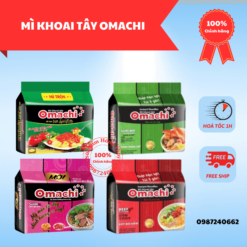 Combo 5 gói mì khoai tây Omachi xốt bò hầm/sườn hầm ngũ quả 80g/xốt Spaghetti 90g/ lẩu bắp bò riêu cua 80G