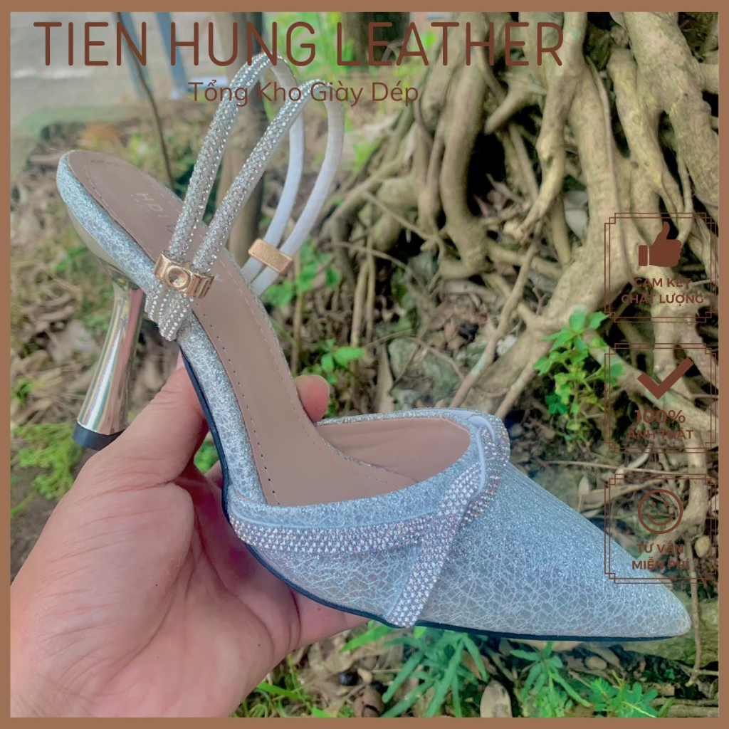 Giày sandal nữ 9 phân bít mũi đính xoàn đá pha lê sang trọng, cao gót nữ mũi nhọn thời trang TH1014