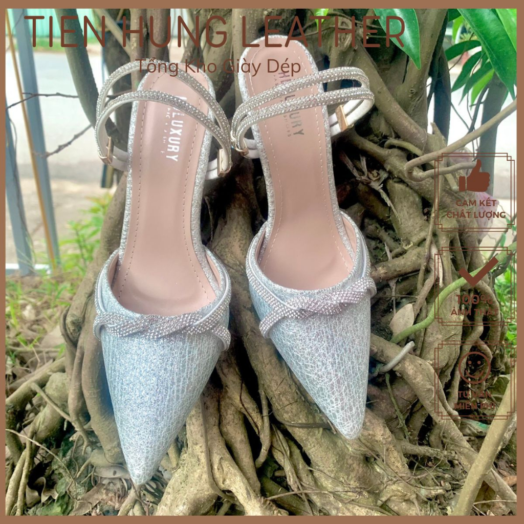 Giày sandal nữ 9 phân bít mũi đính xoàn đá pha lê sang trọng, cao gót nữ mũi nhọn thời trang TH1014
