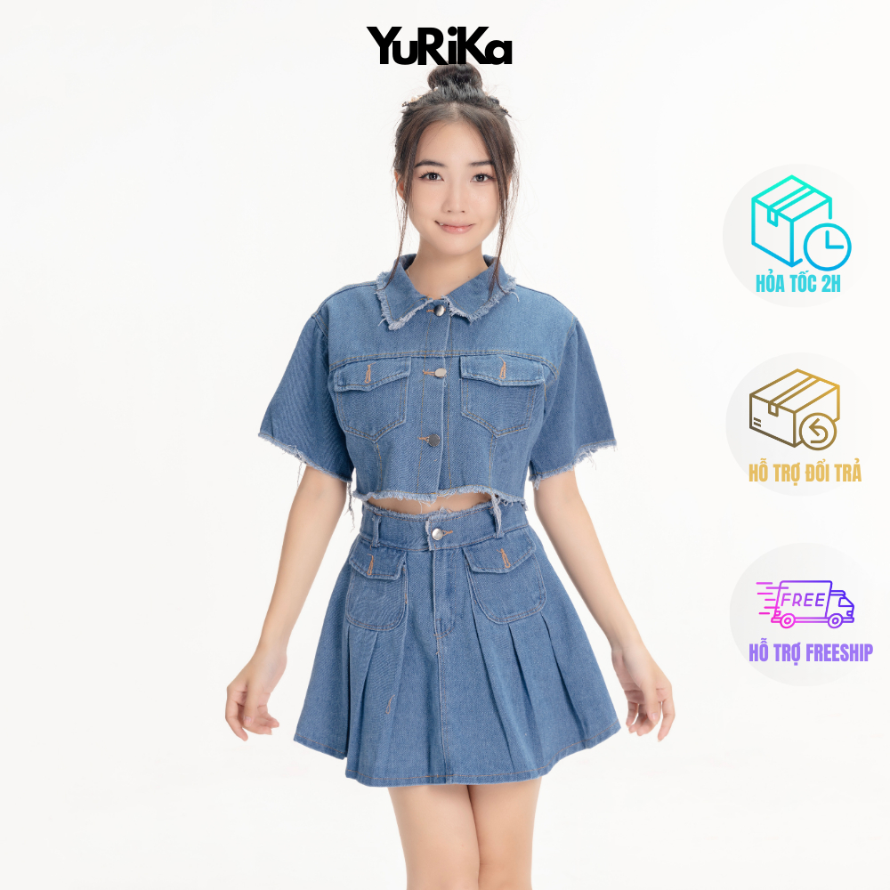 Set Áo croptop và Chân váy Jean tua rua YuRiKa Boutique - 2 Màu - Ảnh thật
