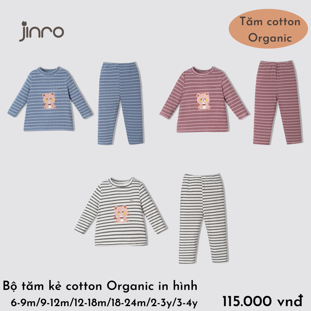 Bộ dài tay trẻ em tăm kẻ cotton organic in hình Jinro
