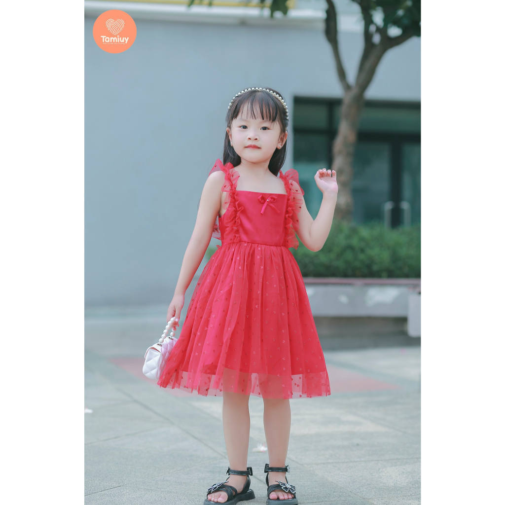 Đầm dạ hội công chúa kim tuyến 2 dây trễ nơ vai cho bé gái từ 1-10 tuổi