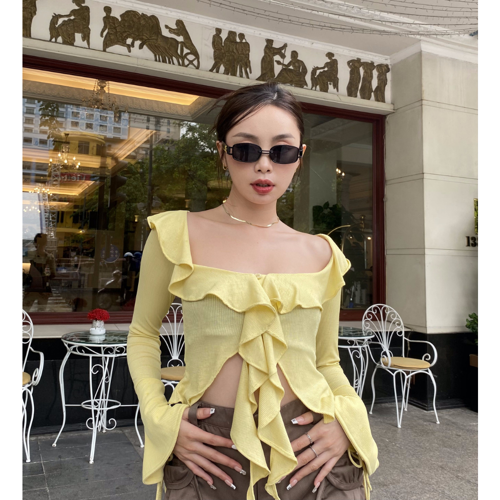 Áo Croptop Nữ Tay Dài Phối Bèo - KELA TOP - GOÛT DE JUN