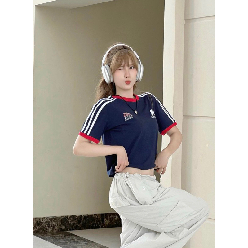 SET ÁO CROPTOP THUN XANH LOGO VIỀN CỔ ĐỎ PHỐI SỌC TRẮNG + QUẦN SUÔNG CULOTTES ỐNG RỘNG RÚT DÂY EO 🎈