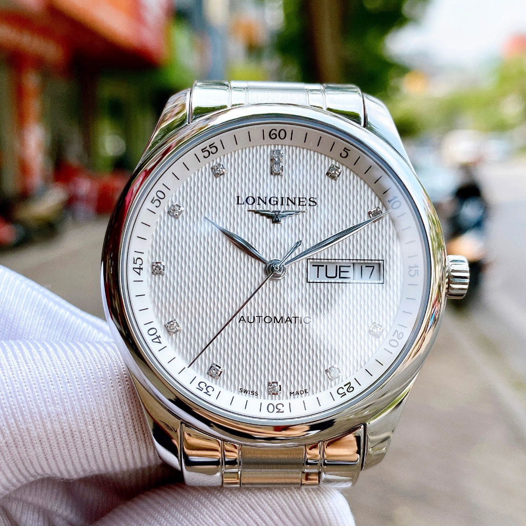 Đồng hồ nam longines máy cơ thụy sỹ full trắng dây thép nguyên khối mặt số đính đá sang trọng thời thượng