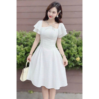 Váy đầm nữ thiết kế dự tiệc, đầm gấm trắng cổ vuông cột nơ cổ tay loe dáng xoè phong cách hàn quốc dx