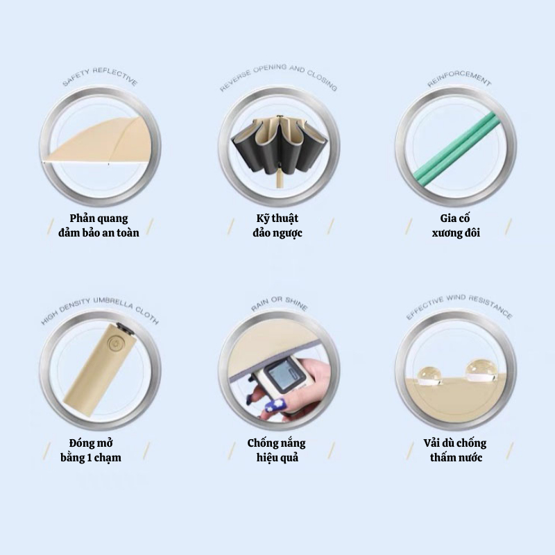 Dù Che Nắng XUKA Phản Quang Ánh Sáng 12 Nan Kép Nút Đóng Mở Tự Động