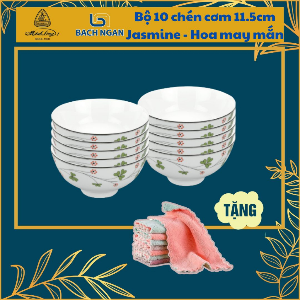 Bộ 10 chén cơm 11.5cm Jasmine Hoa May Mắn dùng cho gia đình, sứ đẹp cao cấp dùng đãi khách, tặng quà tết tân gia