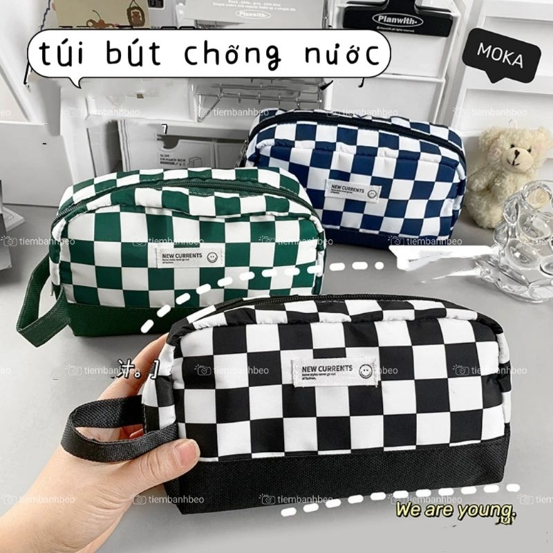 Túi đựng bút/ Bóp viết chì kẻ sọc caro đen trắng MOKA ngăn rộng đa năng đồ dùng học tập dễ thương