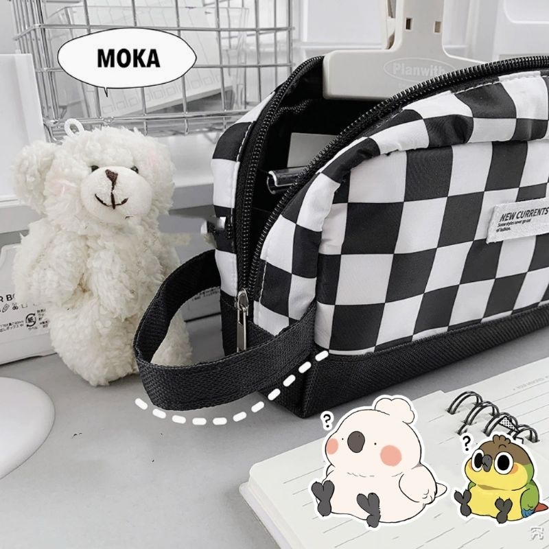 Túi đựng bút/ Bóp viết chì kẻ sọc caro đen trắng MOKA ngăn rộng đa năng đồ dùng học tập dễ thương