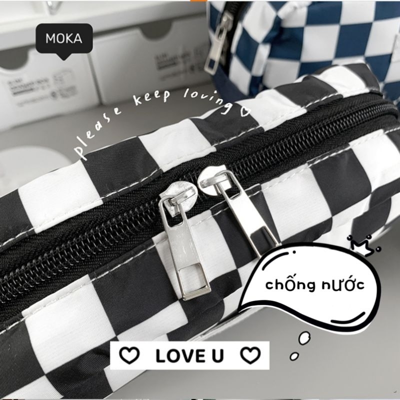 Túi đựng bút/ Bóp viết chì kẻ sọc caro đen trắng MOKA ngăn rộng đa năng đồ dùng học tập dễ thương