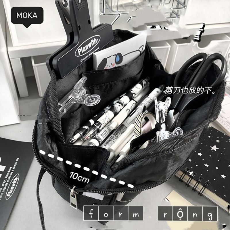 Túi đựng bút/ Bóp viết chì kẻ sọc caro đen trắng MOKA ngăn rộng đa năng đồ dùng học tập dễ thương