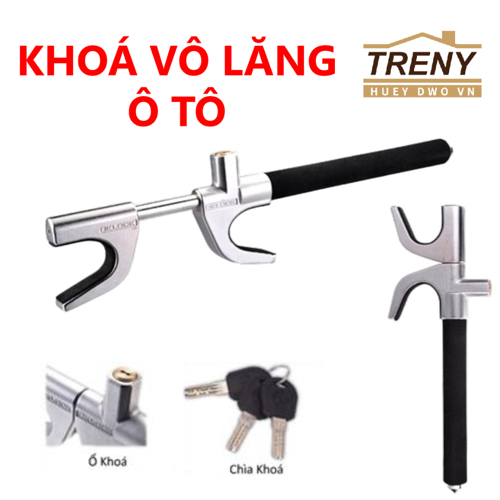 Khoá vô lăng - 2 đầu:đầu khoá, một đầu búa mũi nhọn đập kính dự phòng, thép không gỉ chắc chắn