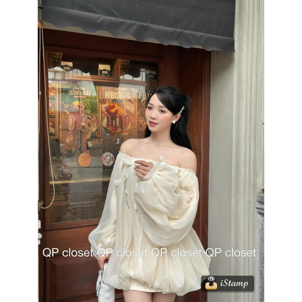 Áo tơ trễ vai ĐÍNH NƠ dáng dấu quần hàng loại 1- Memo Store