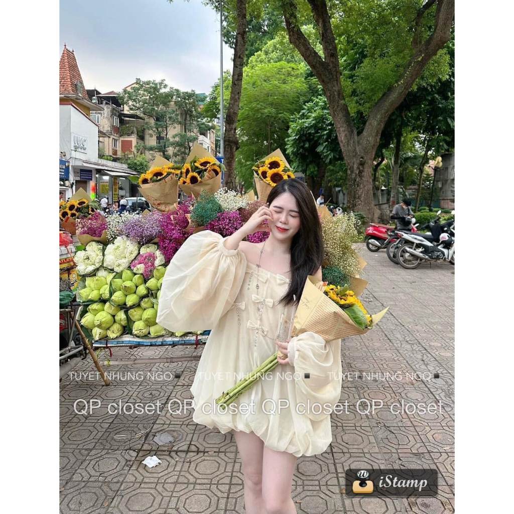 Áo tơ trễ vai ĐÍNH NƠ dáng dấu quần hàng loại 1- Memo Store