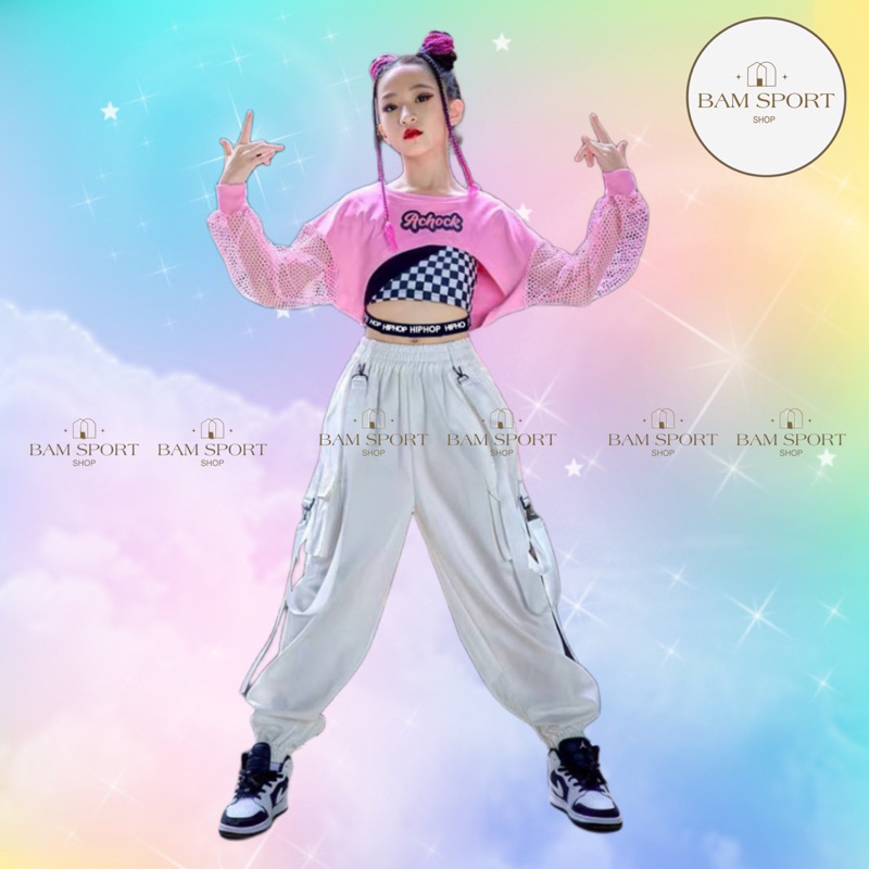 Đồ tập nhảy 3 chi tiết, áo tay dài phối lưới + áo thun caro phối dây + quần dù xịn túi hộp