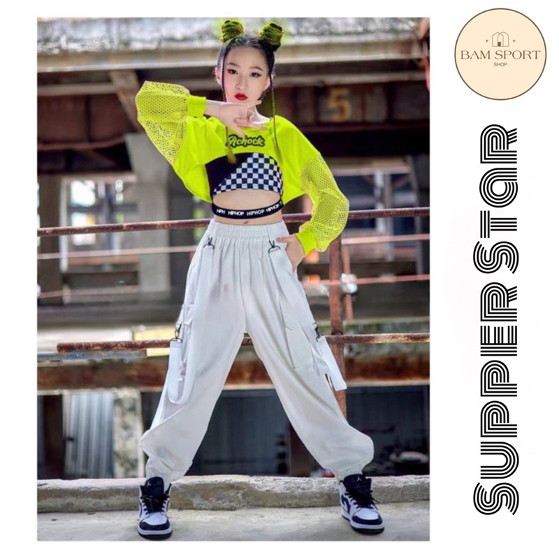 Đồ tập nhảy 3 chi tiết, áo tay dài phối lưới + áo thun caro phối dây + quần dù xịn túi hộp