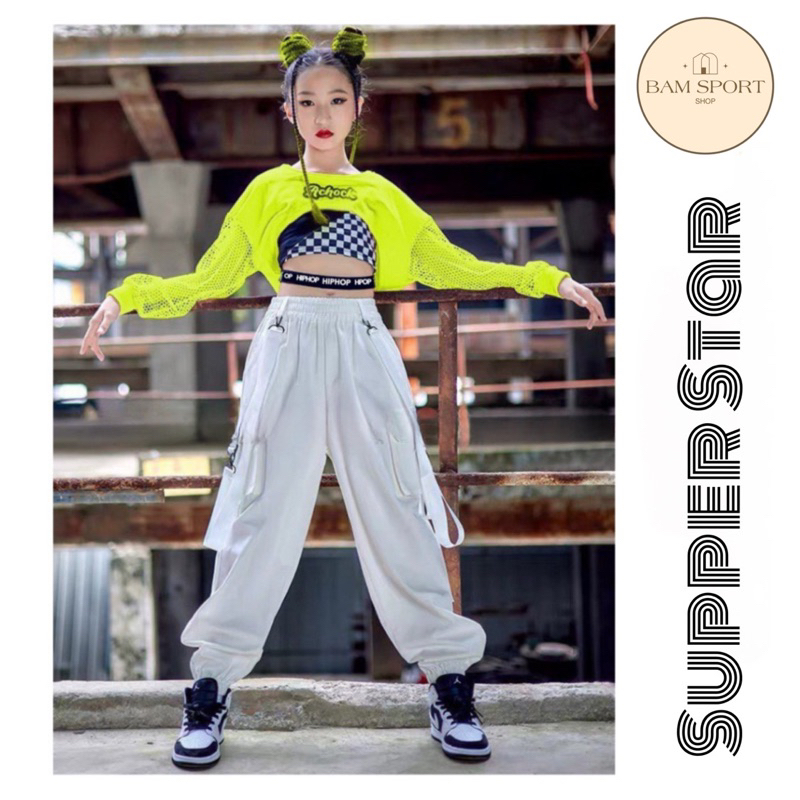 Đồ tập nhảy 3 chi tiết, áo tay dài phối lưới + áo thun caro phối dây + quần dù xịn túi hộp