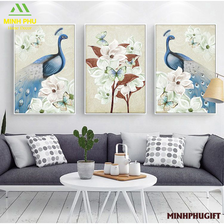 Bộ 3 Tranh Tráng Gương Chim Công Treo Phòng Khách Cực Đẹp