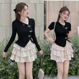 Set áo len tăm lệch tà mix chân váy tầng xòe có lót trong áo len tăm kiểu lệch tà tiểu thư sang chảnh