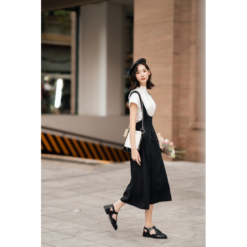 Váy yếm midi dáng dài vintage strap MADELEN