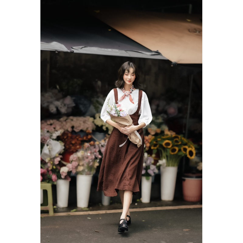 Váy yếm midi dáng dài vintage strap MADELEN