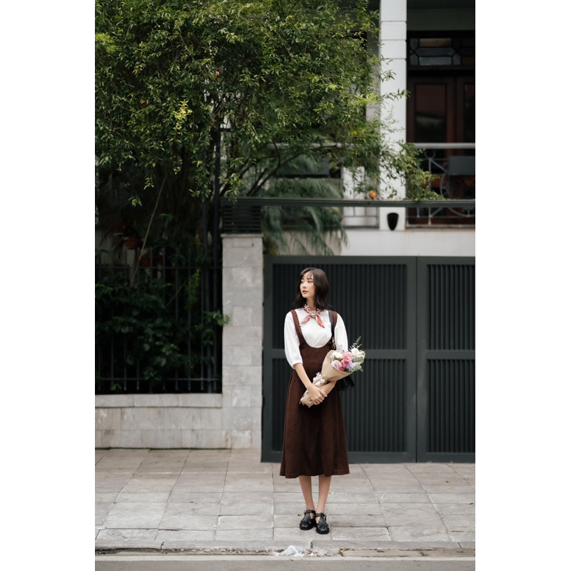 Váy yếm midi dáng dài vintage strap MADELEN