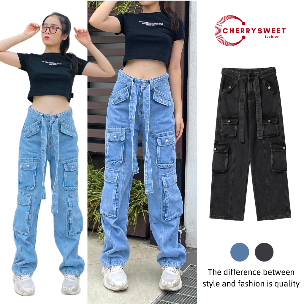 Quần jean nữ ống rộng túi hộp cargo pants cotton CHERRYSWEET phối dây dáng suông lưng cao phong cách ulzzang unisex T092