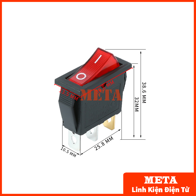 Công tắc bập bênh 15A/250V 3 chân có đèn báo - Công tắc KCD3 kích thước 30x14mm