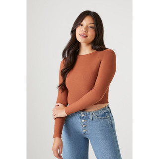 Áo thun gân f21 cổ tròn tay dài dáng crop a3332