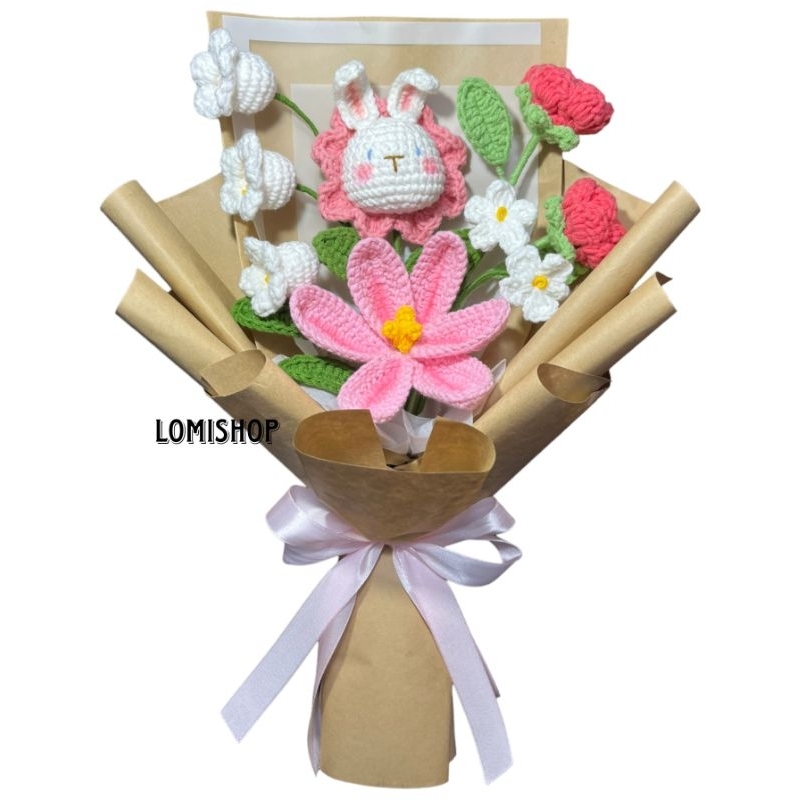 Bó hoa thỏ len móc tone hồng dễ thương Lomishop.