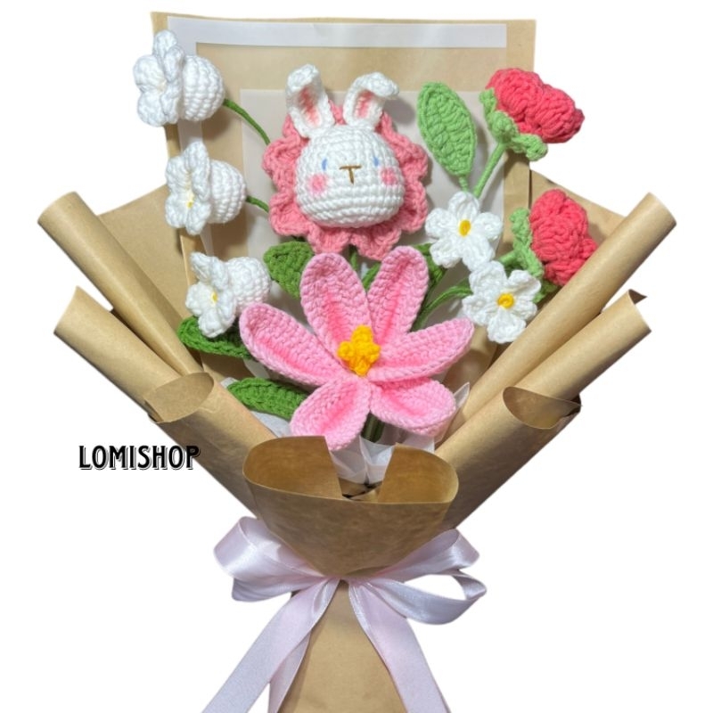 Bó hoa thỏ len móc tone hồng dễ thương Lomishop.