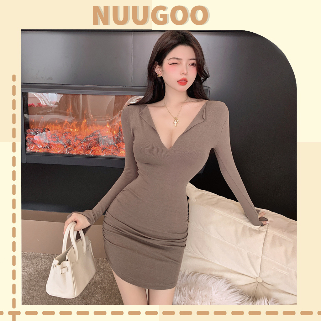 Đầm nữ dài tay màu nâu dáng dáng ôm cổ bẻ sexy phong cách hàn quốc NUUGOO17