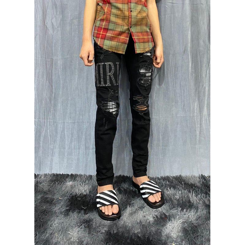 Quần jean nam Amiri thêu chữ vá kẻ đen trắng Hot ảnh thật.