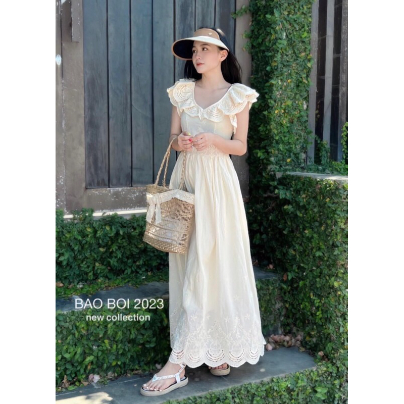 Đầm midi xô thêu viền bèo cánh tiên phối ren BB