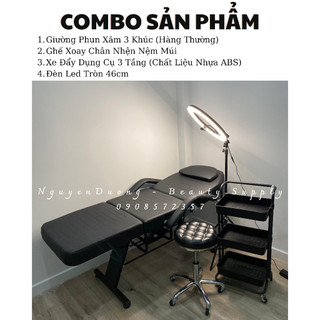Giường phun xăm + ghế xoay + xe đẩy 3 tầng + đèn led - combo two