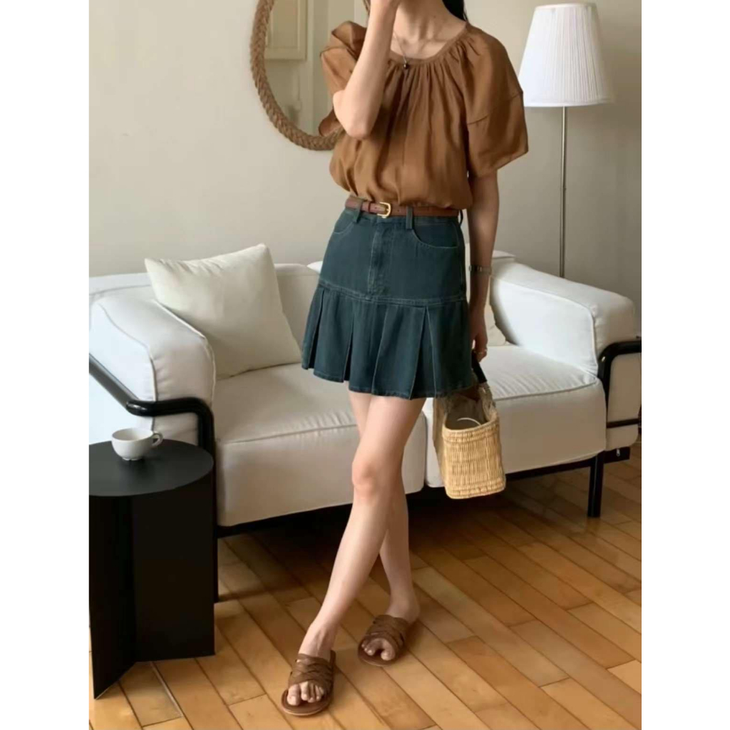 1931 CHÂN VÁY JEANS XẾP LY KÈM BELT