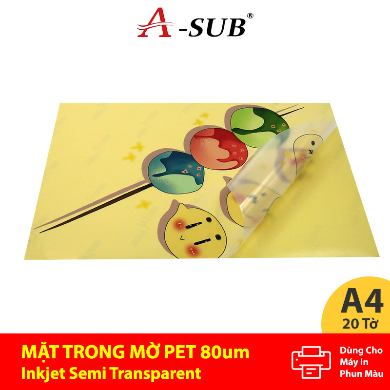 Giấy In Nhãn Dán Nhựa A-Sub, PET Mặt Trong Mờ  A4 80μm 20 Tờ, Vinyl Inkjet Transparent PET Label