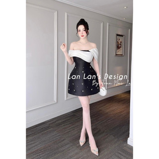 Đầm đen trễ vai phối trắng đính ngọc