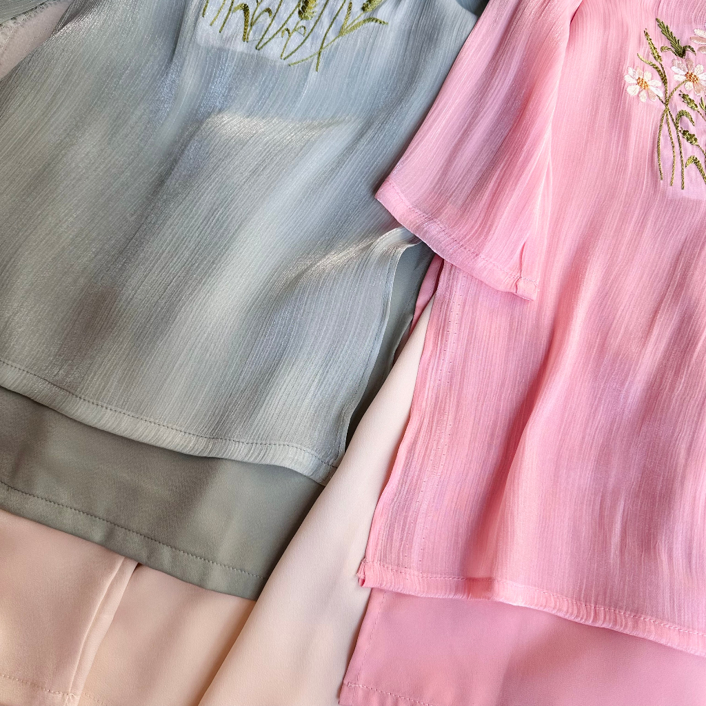 Bộ áo dài tơ lụa mềm tết thêu hoa TẶNG KÈM MẤN cho bé xinh xắn dễ thương áo dài cho mẹ và bé