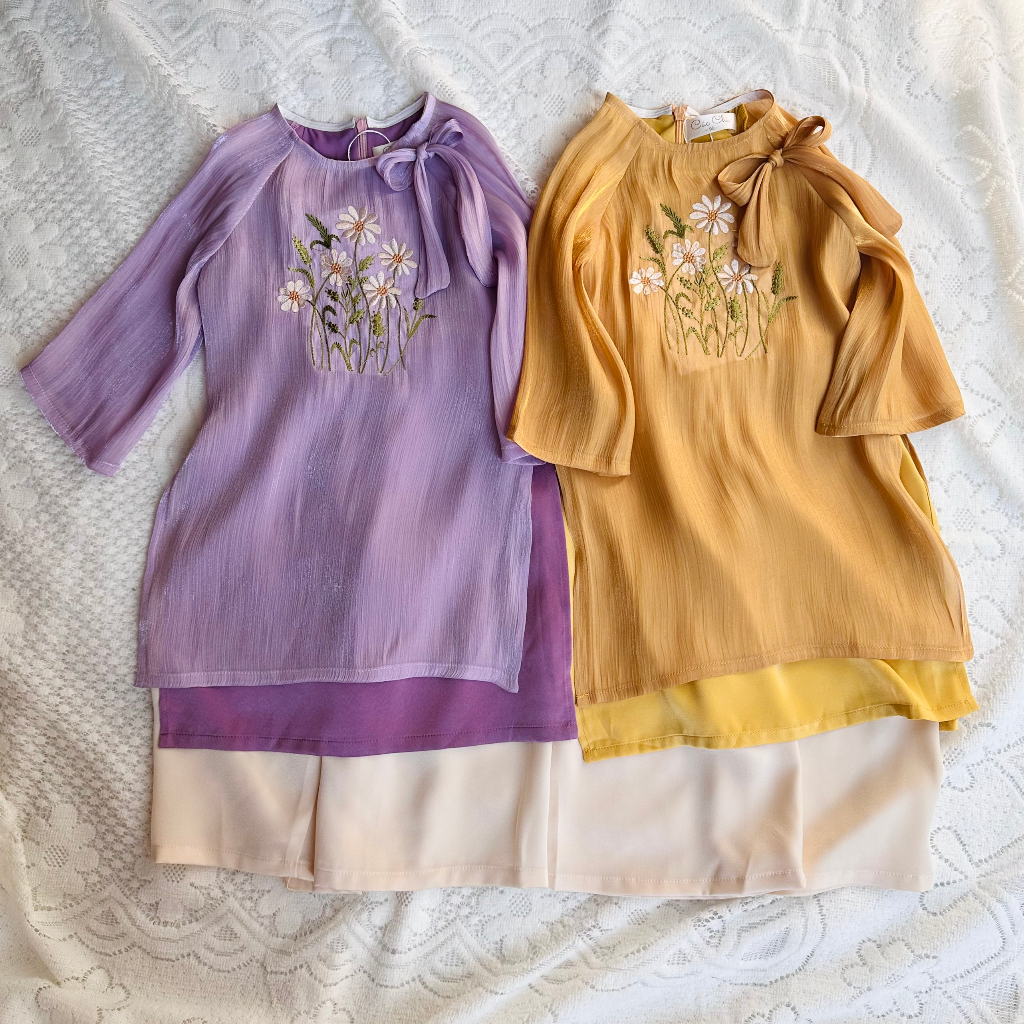 Bộ áo dài tơ lụa mềm tết thêu hoa TẶNG KÈM MẤN cho bé xinh xắn dễ thương áo dài cho mẹ và bé