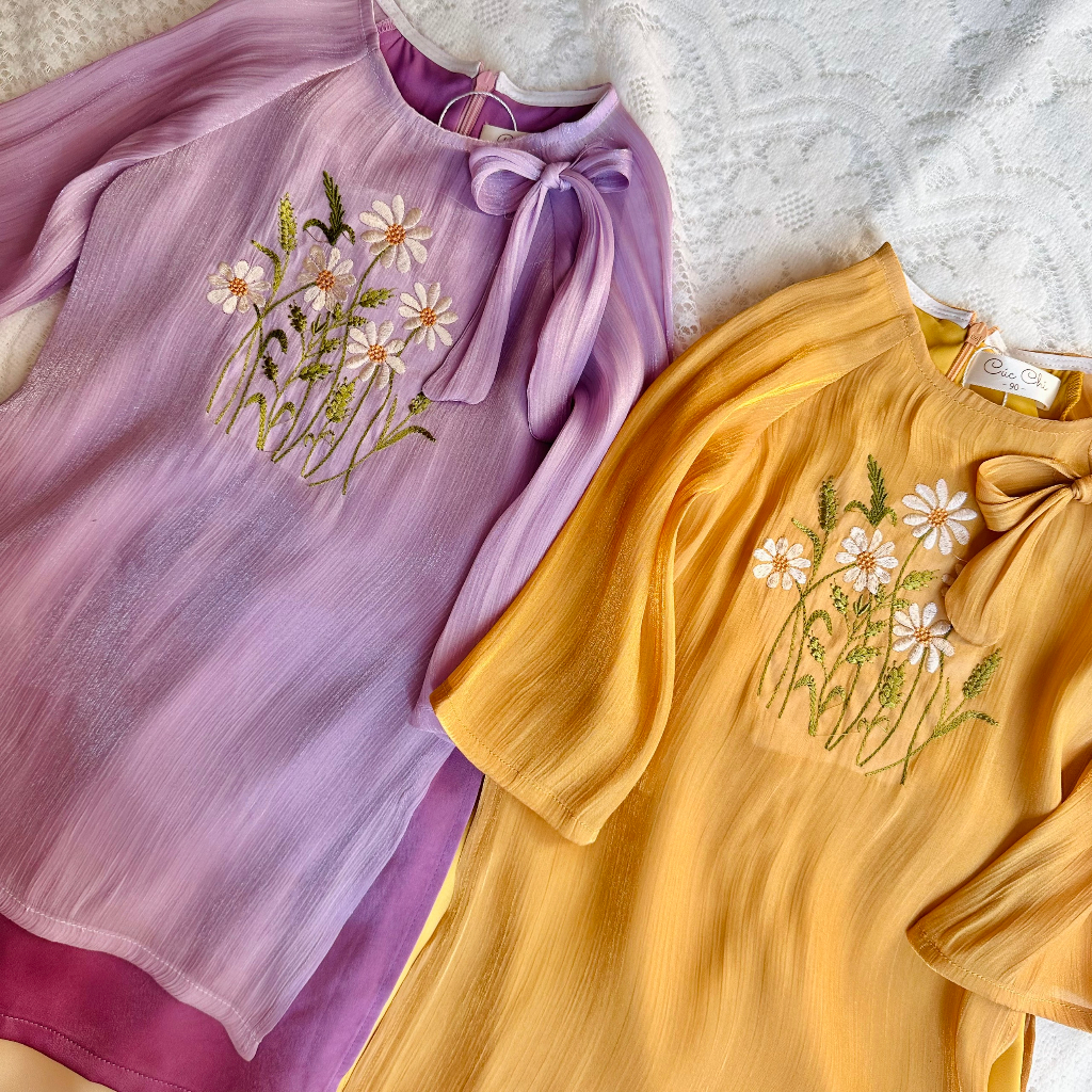 Bộ áo dài tơ lụa mềm tết thêu hoa TẶNG KÈM MẤN cho bé xinh xắn dễ thương áo dài cho mẹ và bé