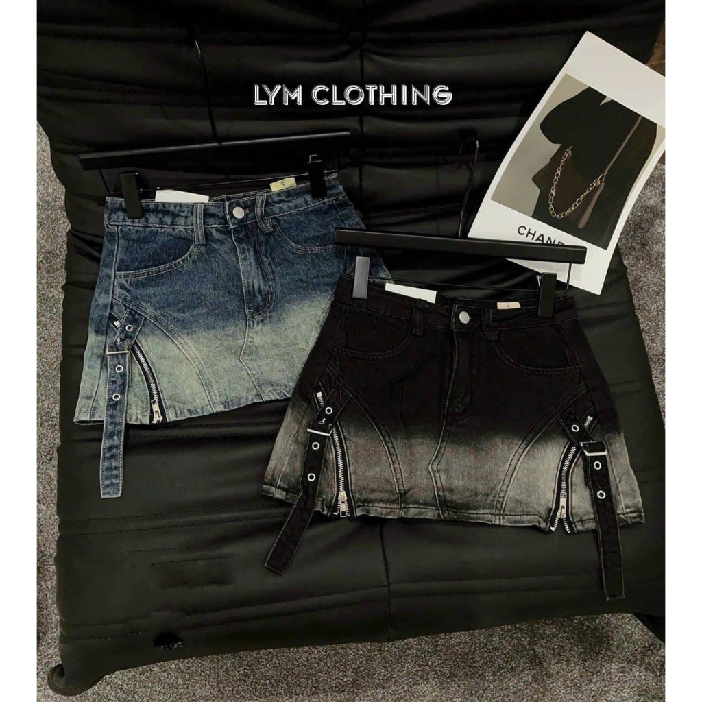 Chân váy mini denim jeans họa tiết khóa kéo và dây đai phong cách RETRO ULZZANG QCL1 LuciK Shop 1172 CV0033