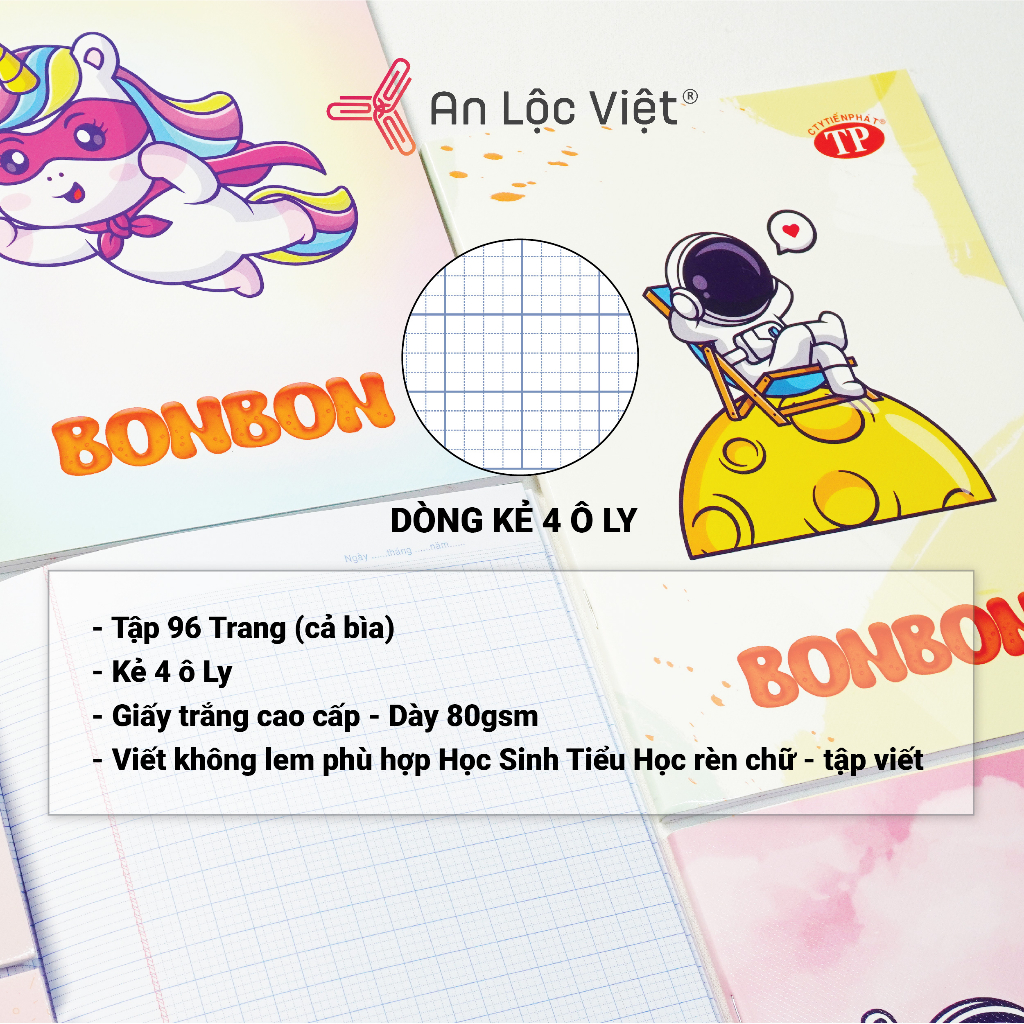 Tập 4 ô ly 96 trang Bon Bon 80gsm, dòng tập vở học sinh cao cấp viết không lem